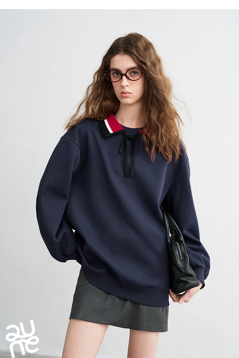 TOYOUTH Women Sweatshirts 2026 Spring New Cotton Knit Striped Turn-Down Collar Loose Fit Niche Stylish Tops