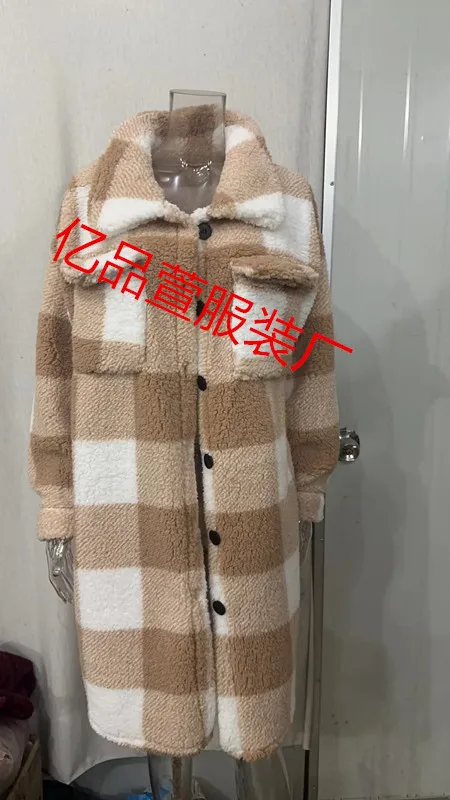 Women Long Plaid Fleece Sweatshirt Coat Autumn Winter Turn Down Collar Long Sleeve Pocket Button Loose Flurry X-Long Trench Coat