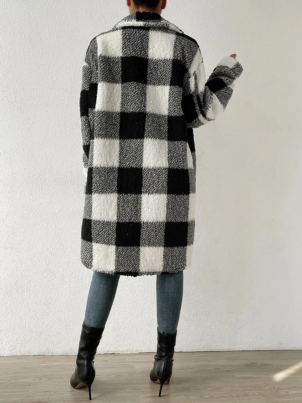 Women Long Plaid Fleece Sweatshirt Coat Autumn Winter Turn Down Collar Long Sleeve Pocket Button Loose Flurry X-Long Trench Coat