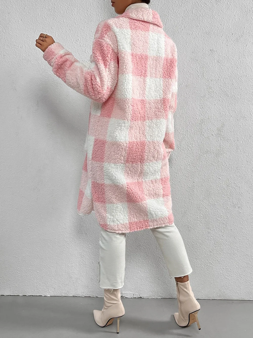 Women Long Plaid Fleece Sweatshirt Coat Autumn Winter Turn Down Collar Long Sleeve Pocket Button Loose Flurry X-Long Trench Coat