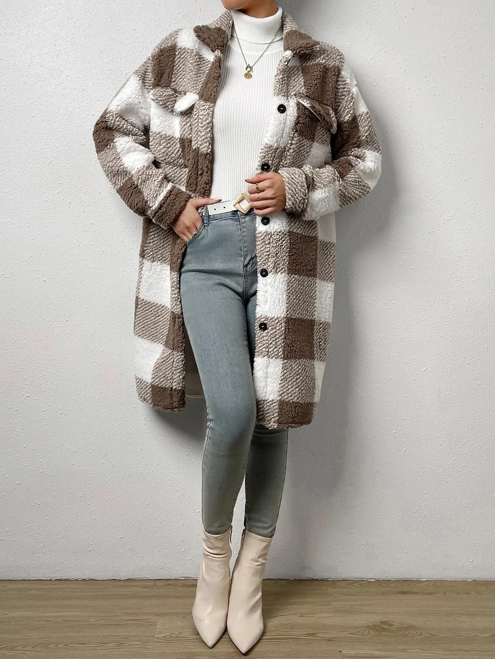 Women Long Plaid Fleece Sweatshirt Coat Autumn Winter Turn Down Collar Long Sleeve Pocket Button Loose Flurry X-Long Trench Coat