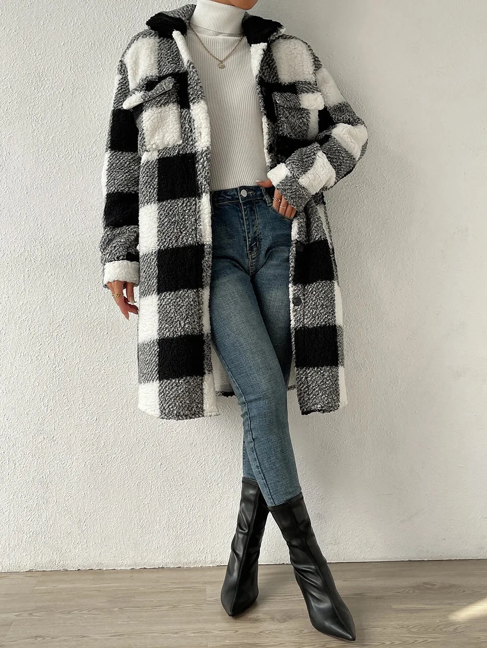 Women Long Plaid Fleece Sweatshirt Coat Autumn Winter Turn Down Collar Long Sleeve Pocket Button Loose Flurry X-Long Trench Coat