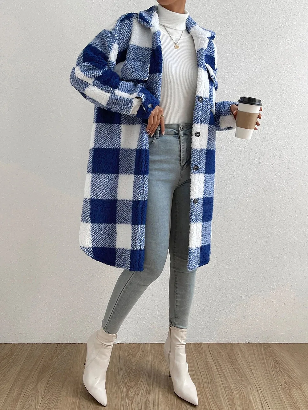 Women Long Plaid Fleece Sweatshirt Coat Autumn Winter Turn Down Collar Long Sleeve Pocket Button Loose Flurry X-Long Trench Coat