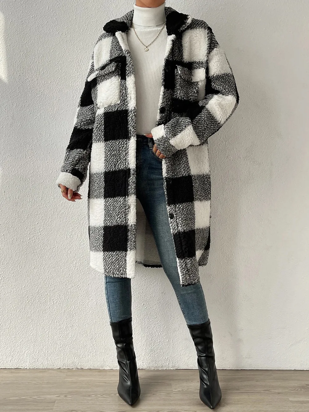Women Long Plaid Fleece Sweatshirt Coat Autumn Winter Turn Down Collar Long Sleeve Pocket Button Loose Flurry X-Long Trench Coat
