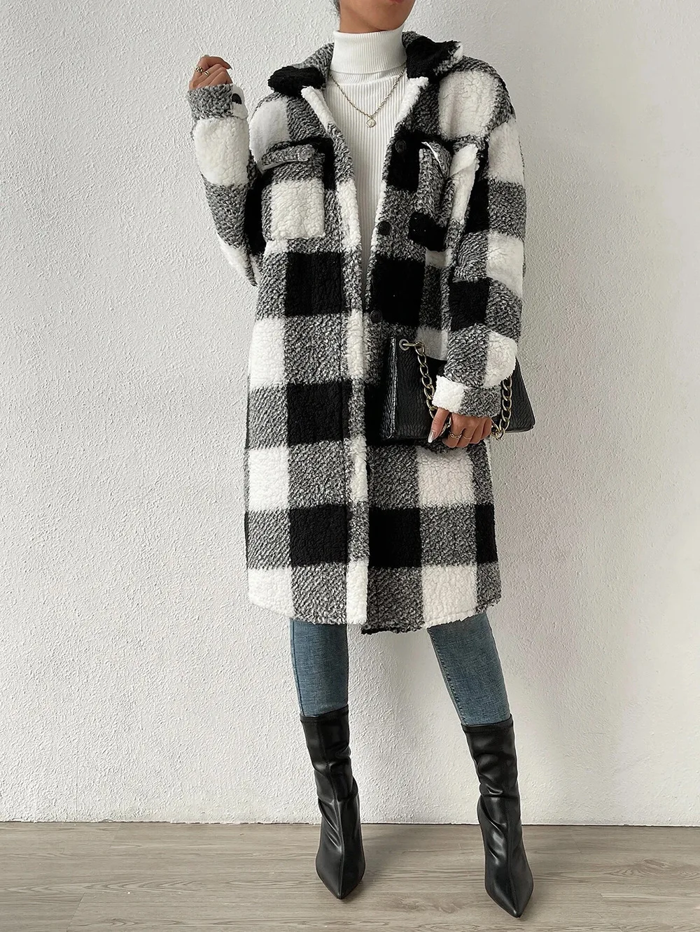 Women Long Plaid Fleece Sweatshirt Coat Autumn Winter Turn Down Collar Long Sleeve Pocket Button Loose Flurry X-Long Trench Coat