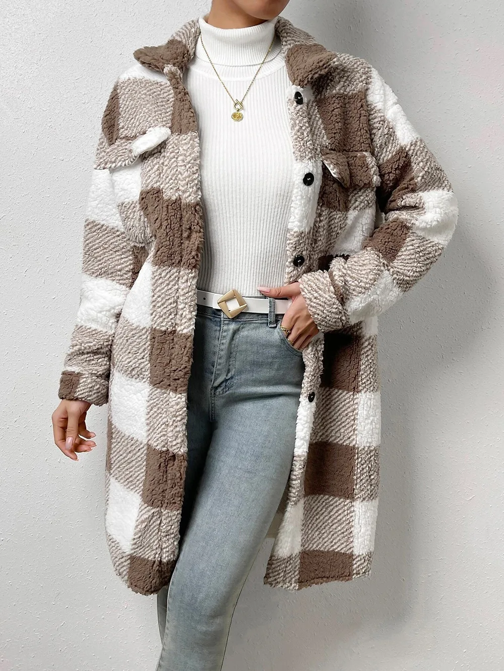 Women Long Plaid Fleece Sweatshirt Coat Autumn Winter Turn Down Collar Long Sleeve Pocket Button Loose Flurry X-Long Trench Coat