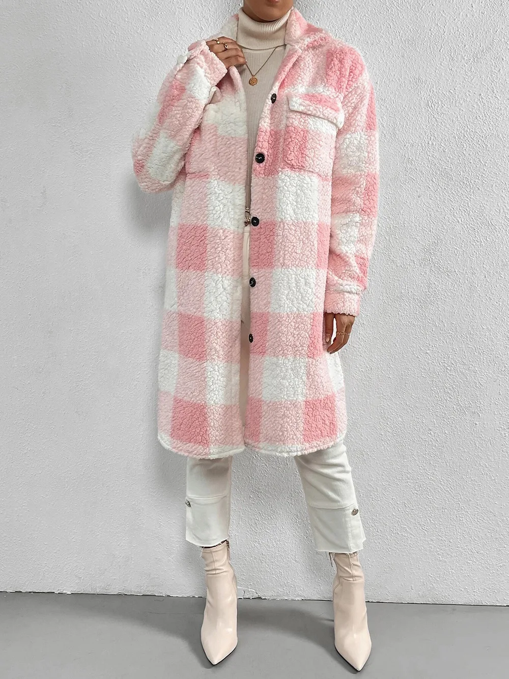 Women Long Plaid Fleece Sweatshirt Coat Autumn Winter Turn Down Collar Long Sleeve Pocket Button Loose Flurry X-Long Trench Coat