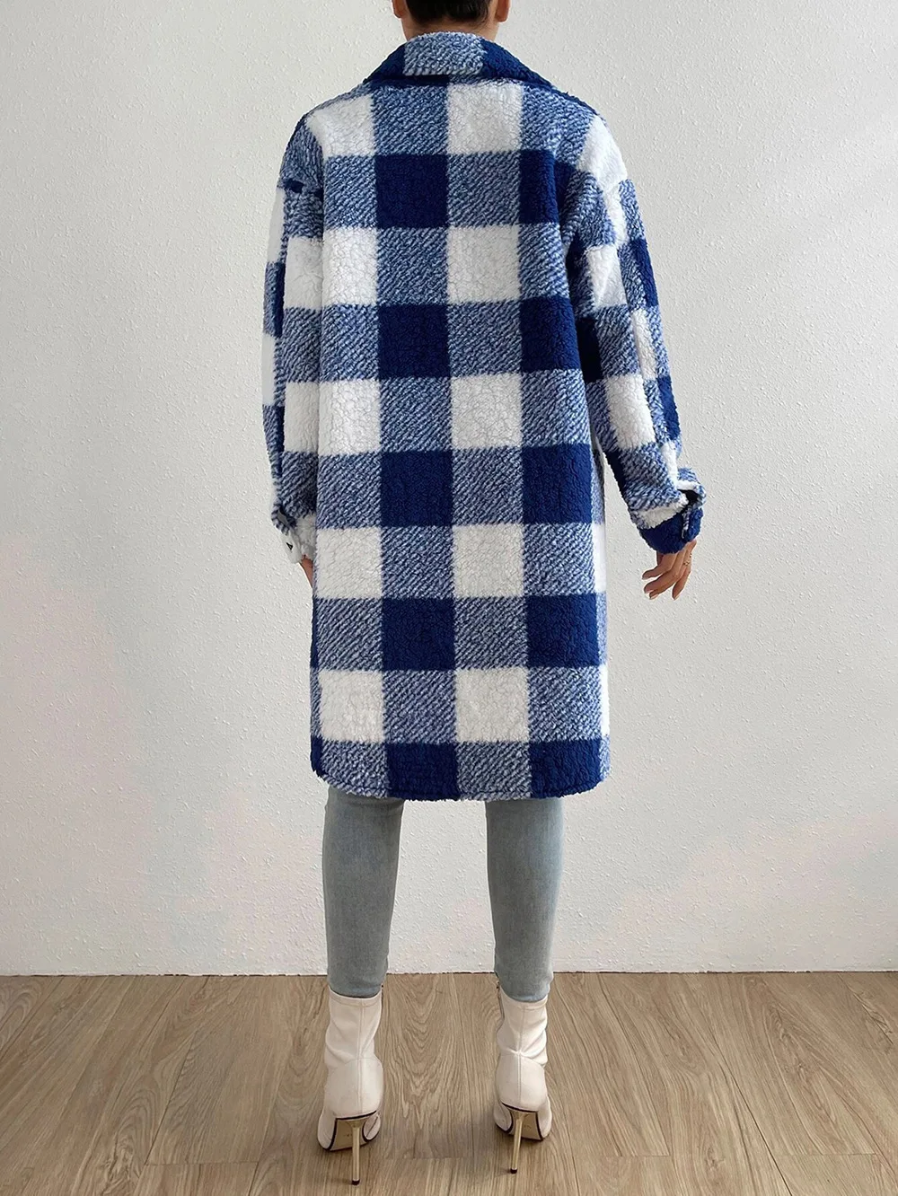 Women Long Plaid Fleece Sweatshirt Coat Autumn Winter Turn Down Collar Long Sleeve Pocket Button Loose Flurry X-Long Trench Coat