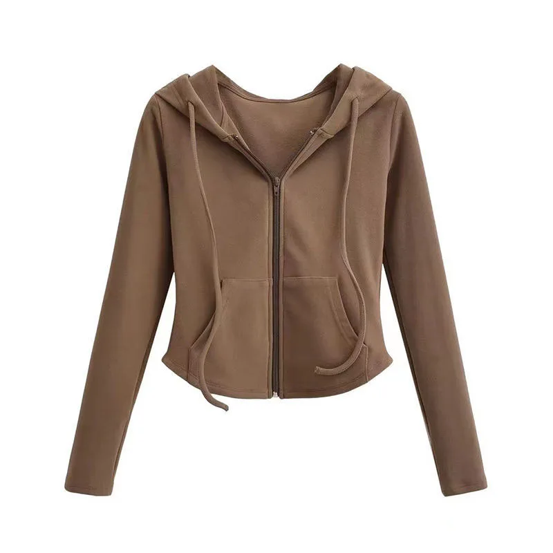 Lucyever Cropped Hooded Zip-Up Jacket Women Autumn New Slim Long Sleeve Y2K Sweatshirts Female Solid Streetwear Sports Hoodies