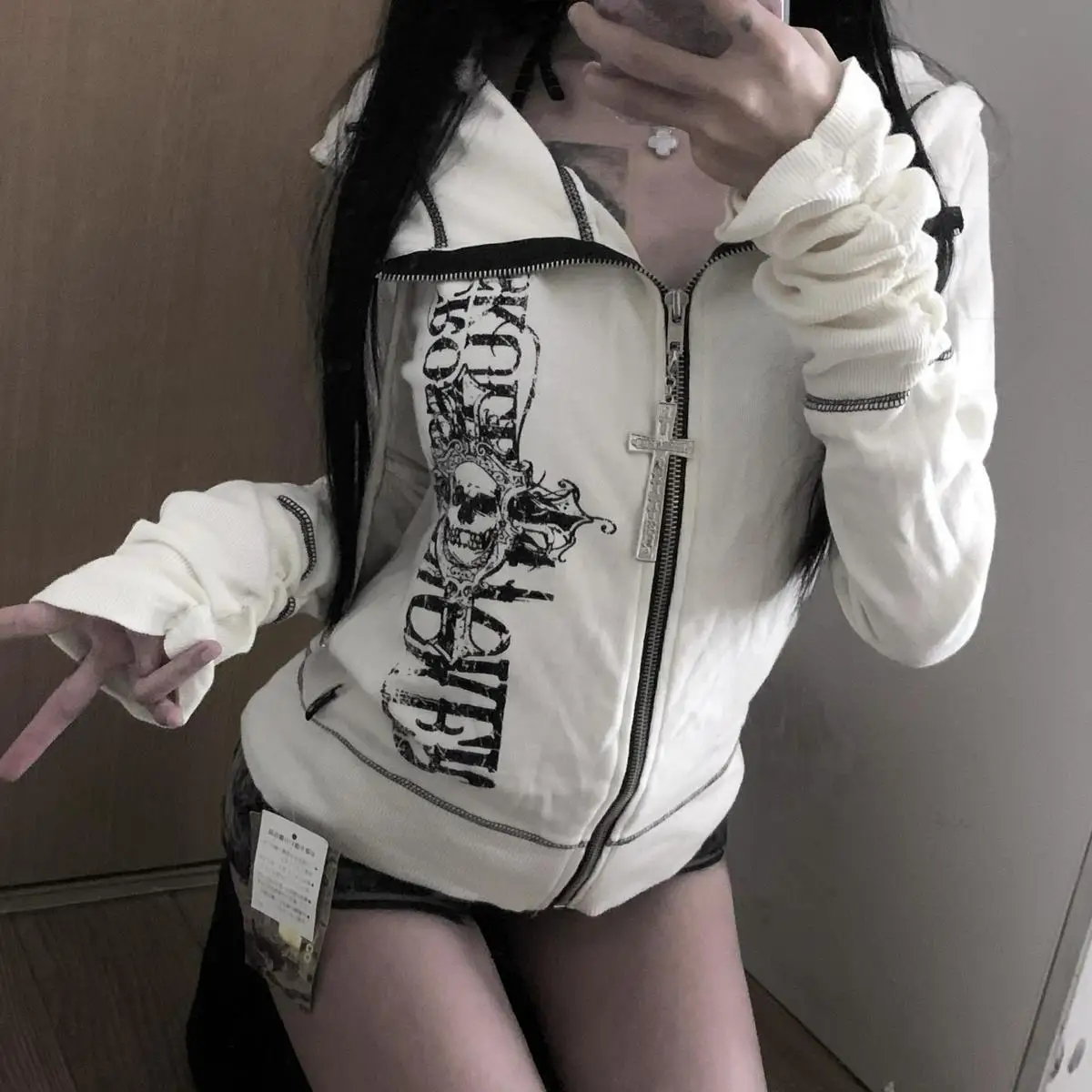 Harajuku Y2k Gothic Hooded Coat Women 2026 Spring New Casual All-match Jackets Subcultural Japanese Black Tops Mujer Sweatshirt