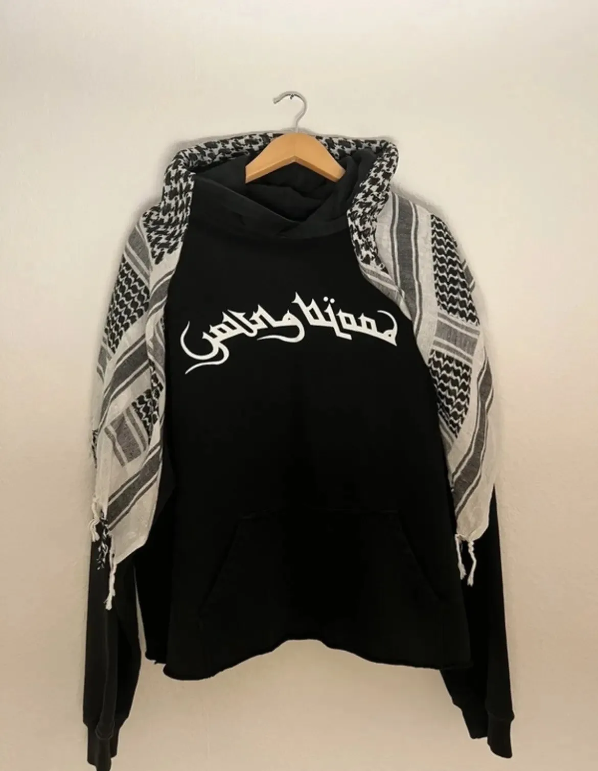 Arab Style Aesthetic Plaid Contrast Scarf Decorative Hoodie Autumn Winter Long Sleeved Letter Printing Loose Street Fashion Coat