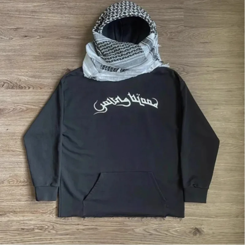 Arab Style Aesthetic Plaid Contrast Scarf Decorative Hoodie Autumn Winter Long Sleeved Letter Printing Loose Street Fashion Coat