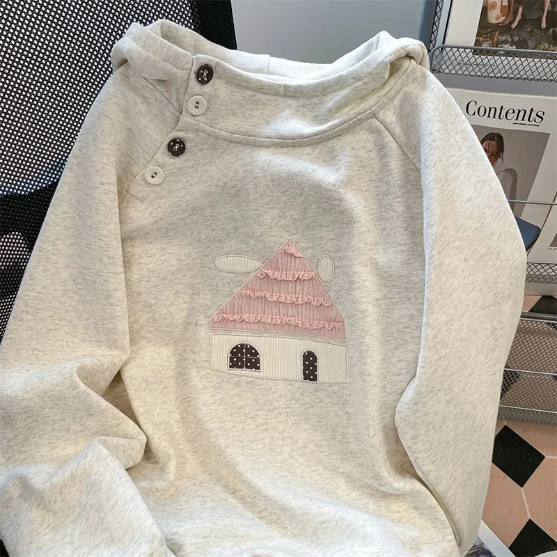 Spring Cute Print Sweatshirt Women Long Sleeve Sweet Kawaii Pullover Japan Loose Female Preppy Style Buttons Vintage Hooded Tops
