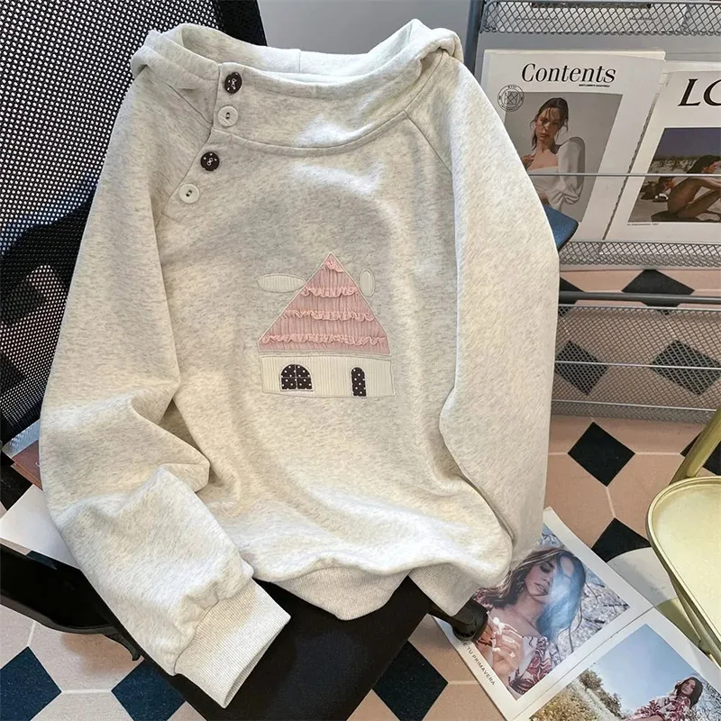 Spring Cute Print Sweatshirt Women Long Sleeve Sweet Kawaii Pullover Japan Loose Female Preppy Style Buttons Vintage Hooded Tops