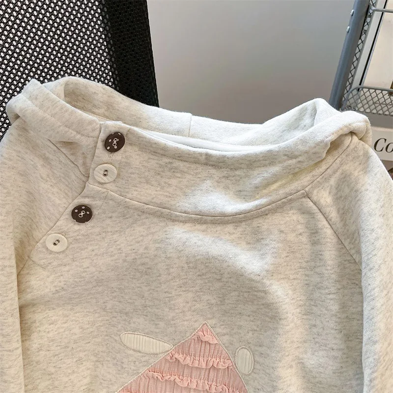 Spring Cute Print Sweatshirt Women Long Sleeve Sweet Kawaii Pullover Japan Loose Female Preppy Style Buttons Vintage Hooded Tops