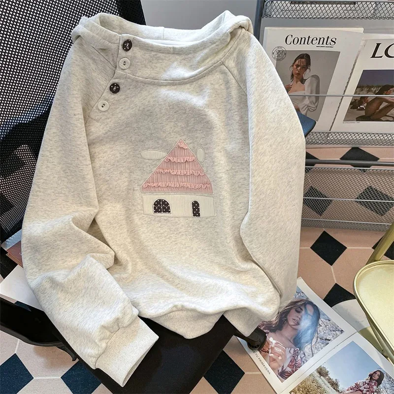 Spring Cute Print Sweatshirt Women Long Sleeve Sweet Kawaii Pullover Japan Loose Female Preppy Style Buttons Vintage Hooded Tops