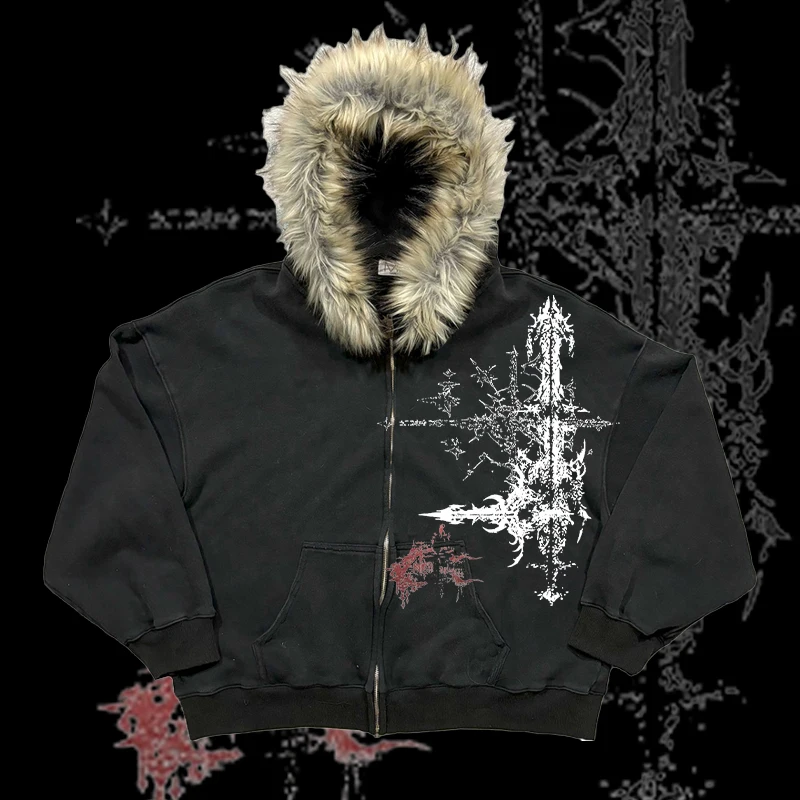 Y2k Gothic elements creative imitation plush thick warm fur collar hooded sweater lazy cardigan plush couple emo jacket
