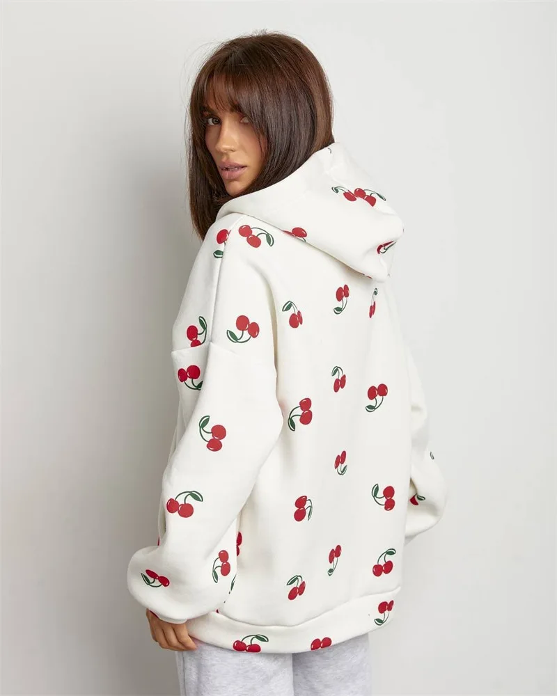 Women Cherry Printed Hoodies Spring Autumn Fashion Streetwear Female Casual Loose Hooded Sweatshirts Lady Chic Zipper Outerwear