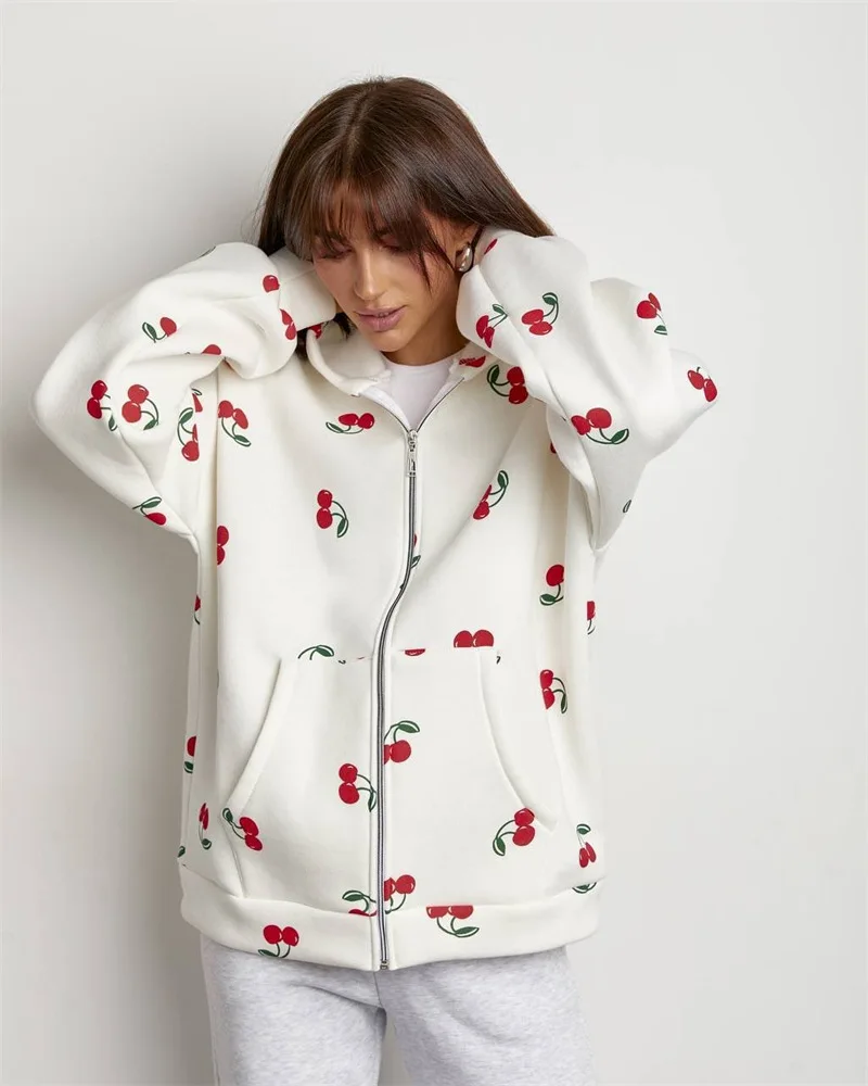 Women Cherry Printed Hoodies Spring Autumn Fashion Streetwear Female Casual Loose Hooded Sweatshirts Lady Chic Zipper Outerwear