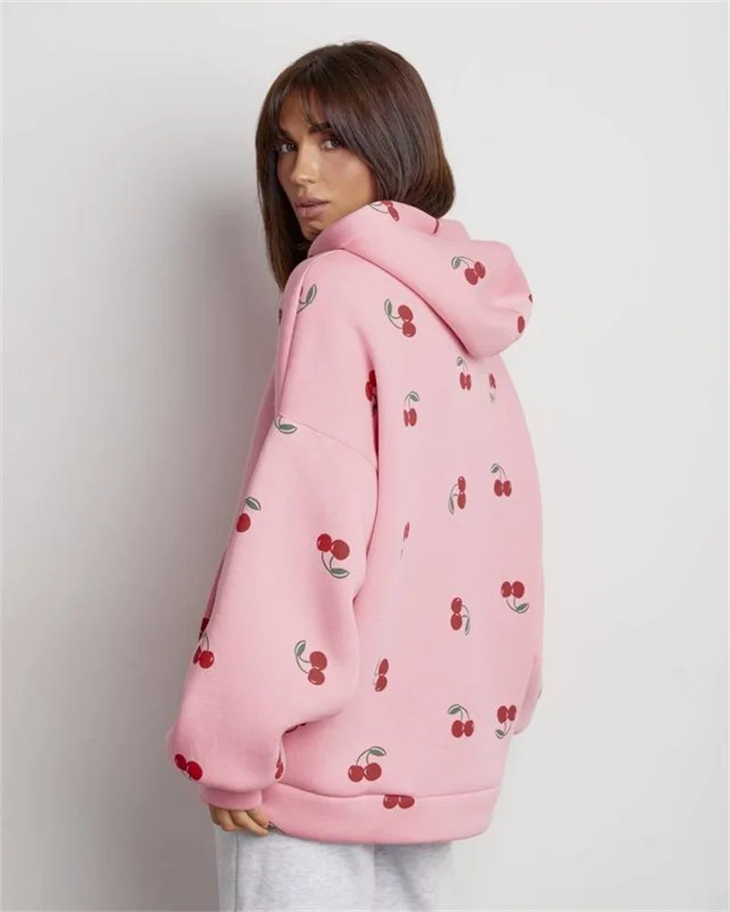 Women Cherry Printed Hoodies Spring Autumn Fashion Streetwear Female Casual Loose Hooded Sweatshirts Lady Chic Zipper Outerwear