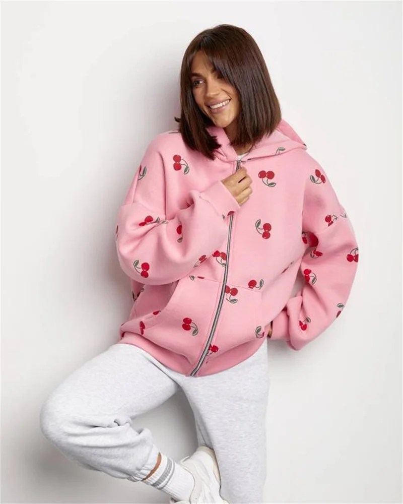 Women Cherry Printed Hoodies Spring Autumn Fashion Streetwear Female Casual Loose Hooded Sweatshirts Lady Chic Zipper Outerwear