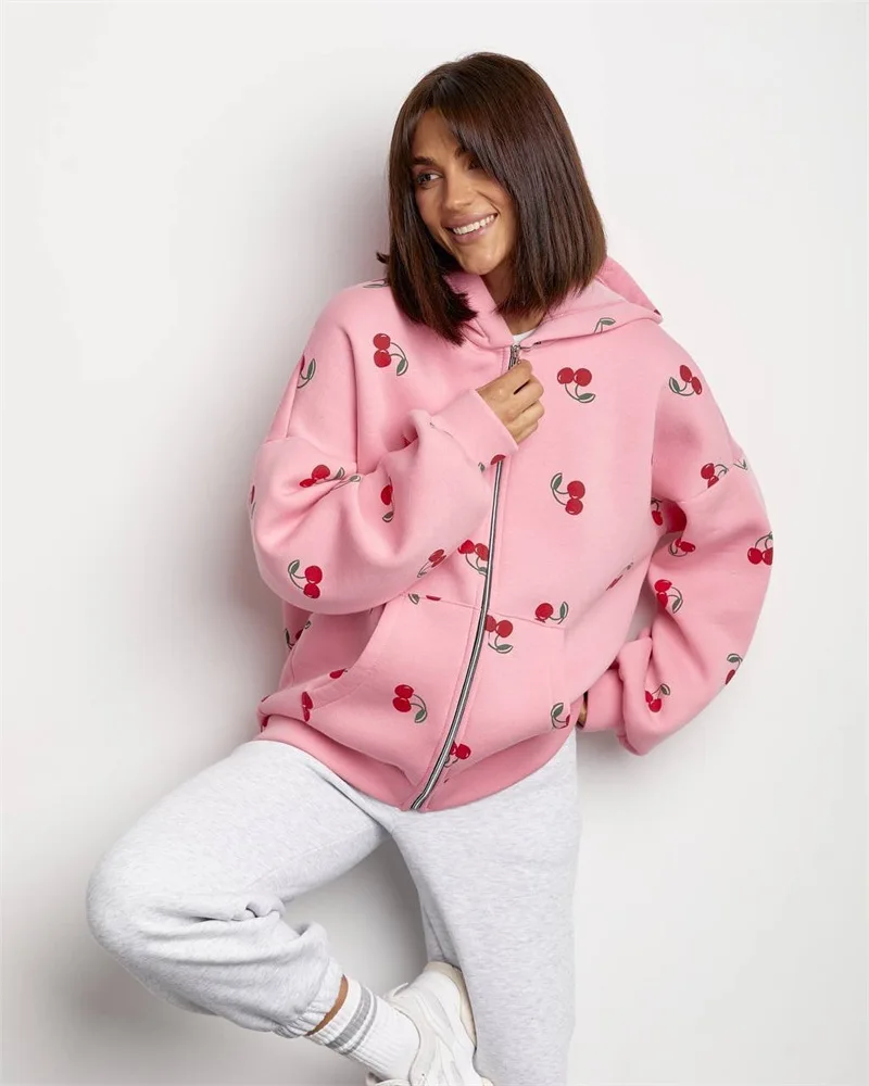 Women Cherry Printed Hoodies Spring Autumn Fashion Streetwear Female Casual Loose Hooded Sweatshirts Lady Chic Zipper Outerwear