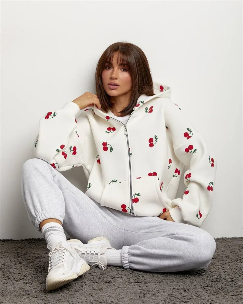 Women Cherry Printed Hoodies Spring Autumn Fashion Streetwear Female Casual Loose Hooded Sweatshirts Lady Chic Zipper Outerwear
