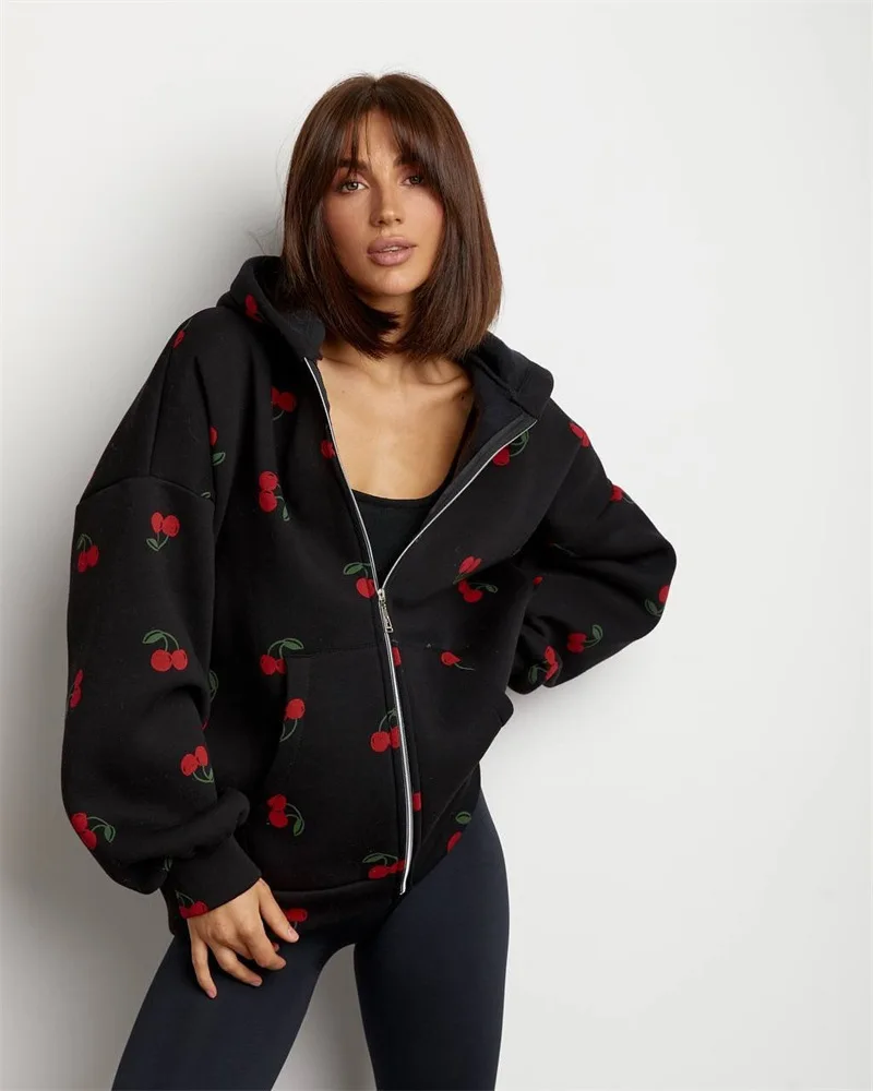 Women Cherry Printed Hoodies Spring Autumn Fashion Streetwear Female Casual Loose Hooded Sweatshirts Lady Chic Zipper Outerwear