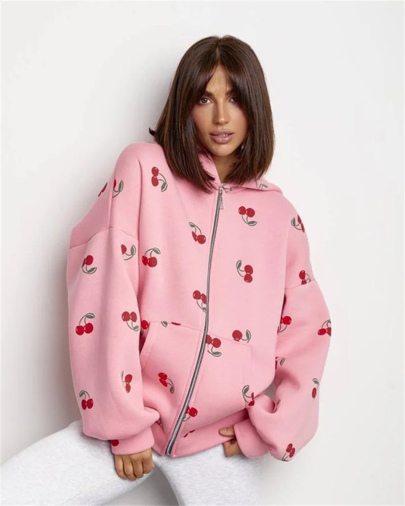 Women Cherry Printed Hoodies Spring Autumn Fashion Streetwear Female Casual Loose Hooded Sweatshirts Lady Chic Zipper Outerwear