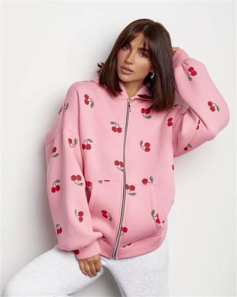 Women Cherry Printed Hoodies Spring Autumn Fashion Streetwear Female Casual Loose Hooded Sweatshirts Lady Chic Zipper Outerwear