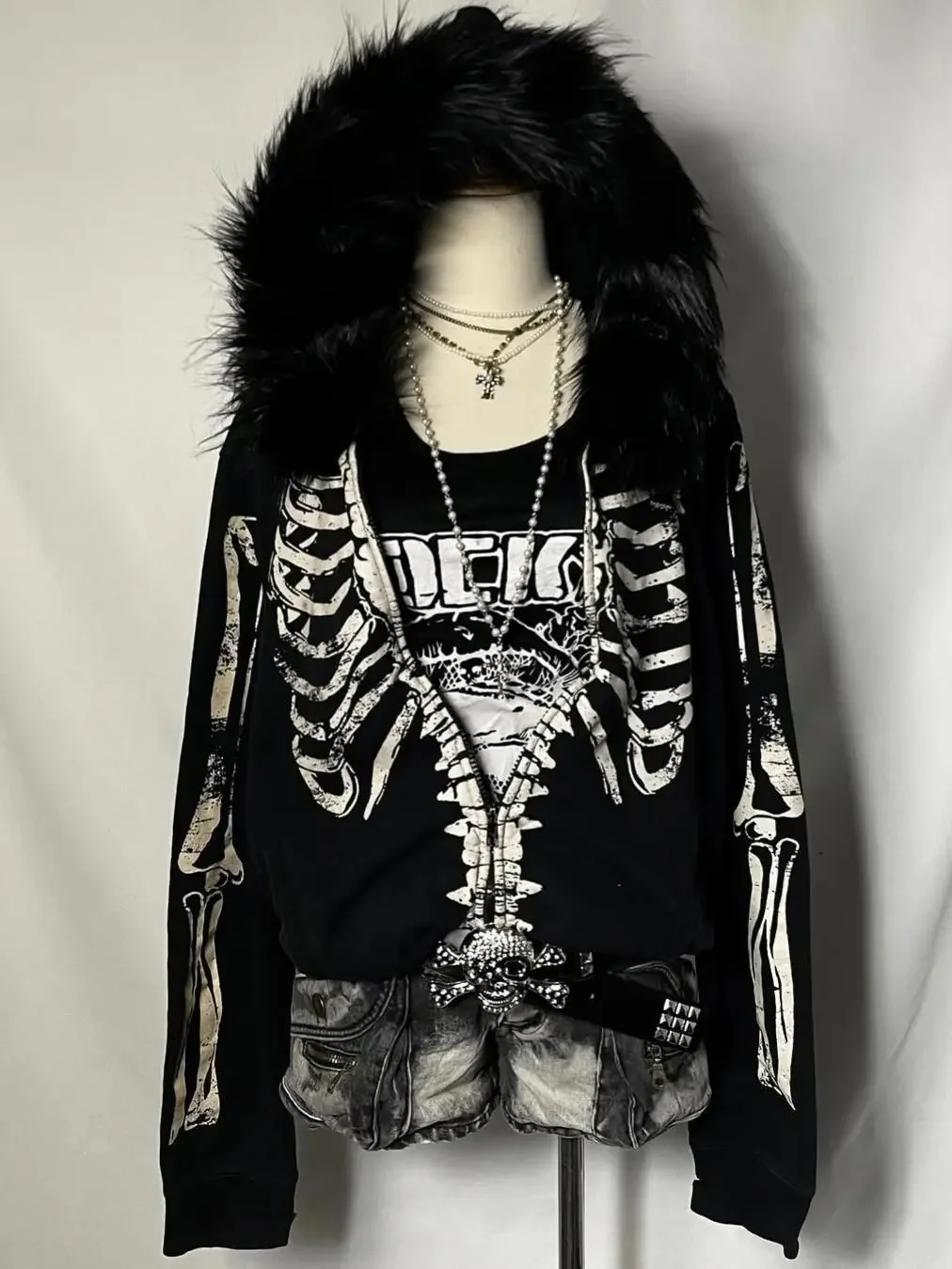 Fur Collar Hooded Jacket Fleece Punk Autumn Winter Hoodie American Retro Spicy Girl Subculture Skeleton Sweatshirt Sudadera