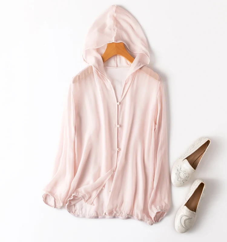Women Hoodie 100% Mulberry Silk Thin Type Pink Buttons Down Cardigan Long Sleeve Coat Top Blouse Summer Beach Cover Up M1152