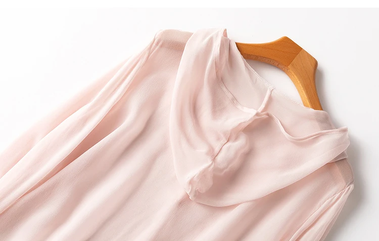 Women Hoodie 100% Mulberry Silk Thin Type Pink Buttons Down Cardigan Long Sleeve Coat Top Blouse Summer Beach Cover Up M1152