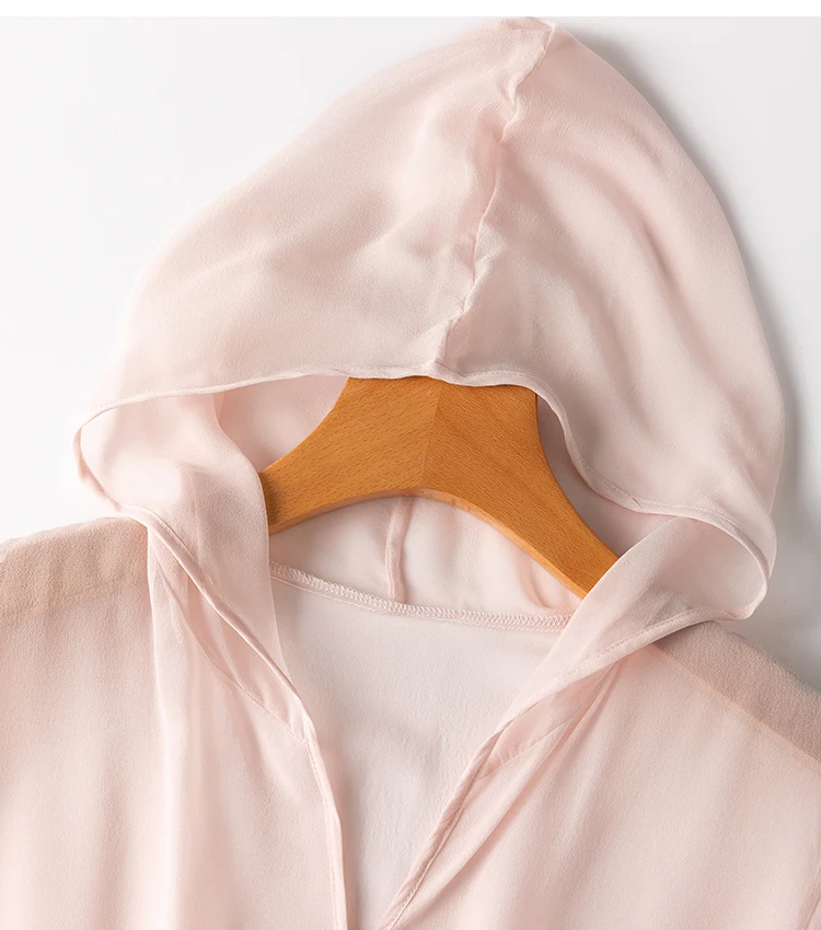 Women Hoodie 100% Mulberry Silk Thin Type Pink Buttons Down Cardigan Long Sleeve Coat Top Blouse Summer Beach Cover Up M1152