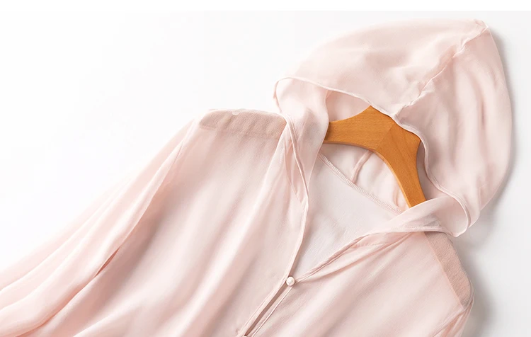 Women Hoodie 100% Mulberry Silk Thin Type Pink Buttons Down Cardigan Long Sleeve Coat Top Blouse Summer Beach Cover Up M1152