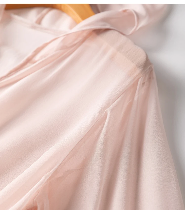 Women Hoodie 100% Mulberry Silk Thin Type Pink Buttons Down Cardigan Long Sleeve Coat Top Blouse Summer Beach Cover Up M1152
