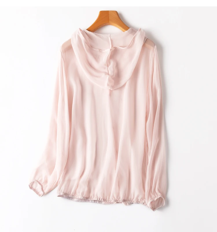 Women Hoodie 100% Mulberry Silk Thin Type Pink Buttons Down Cardigan Long Sleeve Coat Top Blouse Summer Beach Cover Up M1152