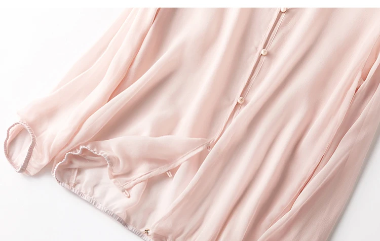 Women Hoodie 100% Mulberry Silk Thin Type Pink Buttons Down Cardigan Long Sleeve Coat Top Blouse Summer Beach Cover Up M1152