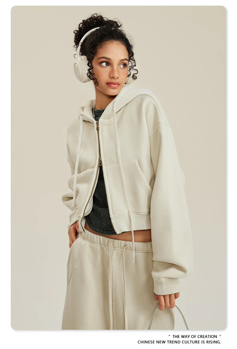 ZODF Retro 2025 Winter Women Short Zipper Hoodies Female Girls Loose 355gsm Thick Fleece Hooded Zip-up Coat Streetwears HY0448