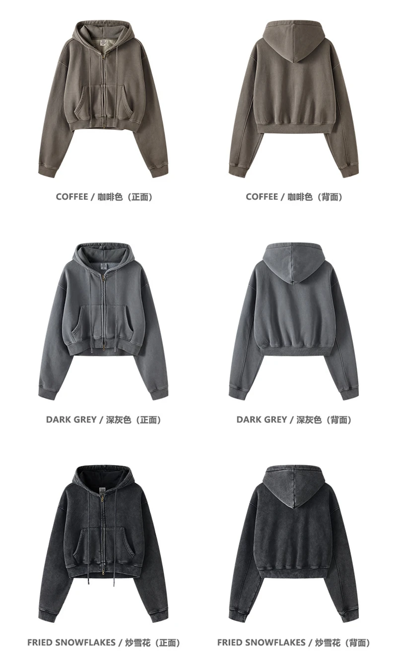 ZODF Retro 2025 Winter Women Short Zipper Hoodies Female Girls Loose 355gsm Thick Fleece Hooded Zip-up Coat Streetwears HY0448