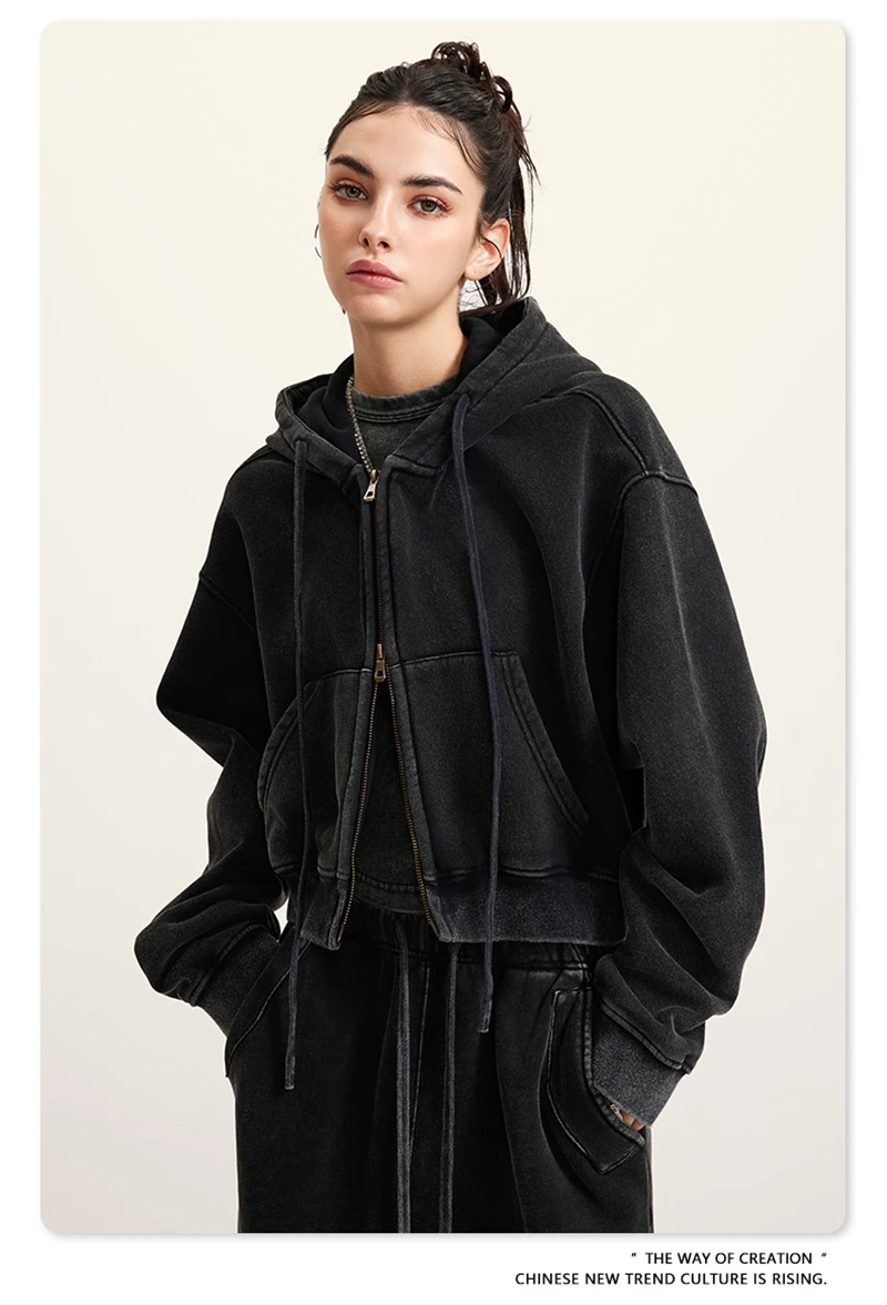 ZODF Retro 2025 Winter Women Short Zipper Hoodies Female Girls Loose 355gsm Thick Fleece Hooded Zip-up Coat Streetwears HY0448