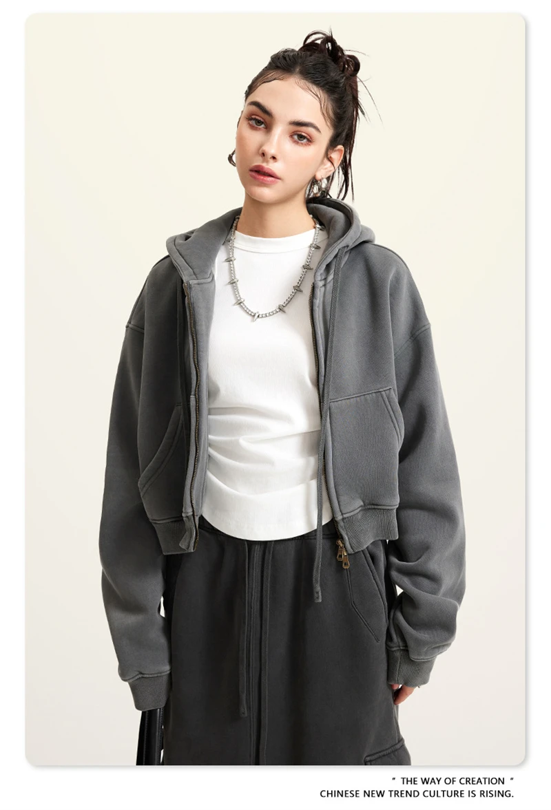 ZODF Retro 2025 Winter Women Short Zipper Hoodies Female Girls Loose 355gsm Thick Fleece Hooded Zip-up Coat Streetwears HY0448