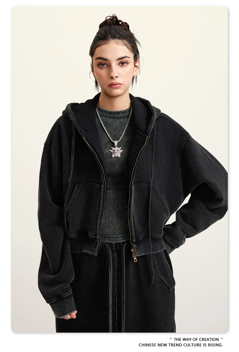 ZODF Retro 2025 Winter Women Short Zipper Hoodies Female Girls Loose 355gsm Thick Fleece Hooded Zip-up Coat Streetwears HY0448