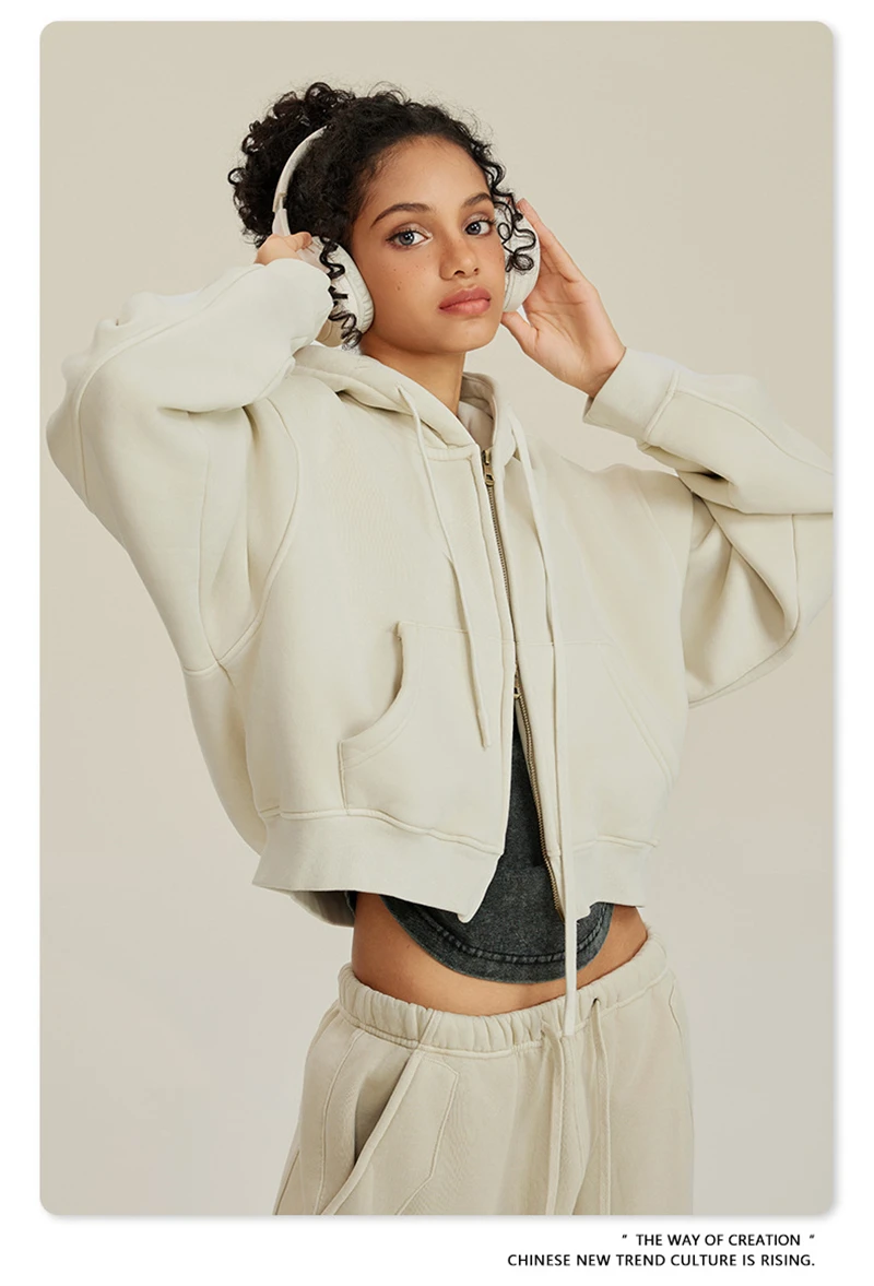 ZODF Retro 2025 Winter Women Short Zipper Hoodies Female Girls Loose 355gsm Thick Fleece Hooded Zip-up Coat Streetwears HY0448
