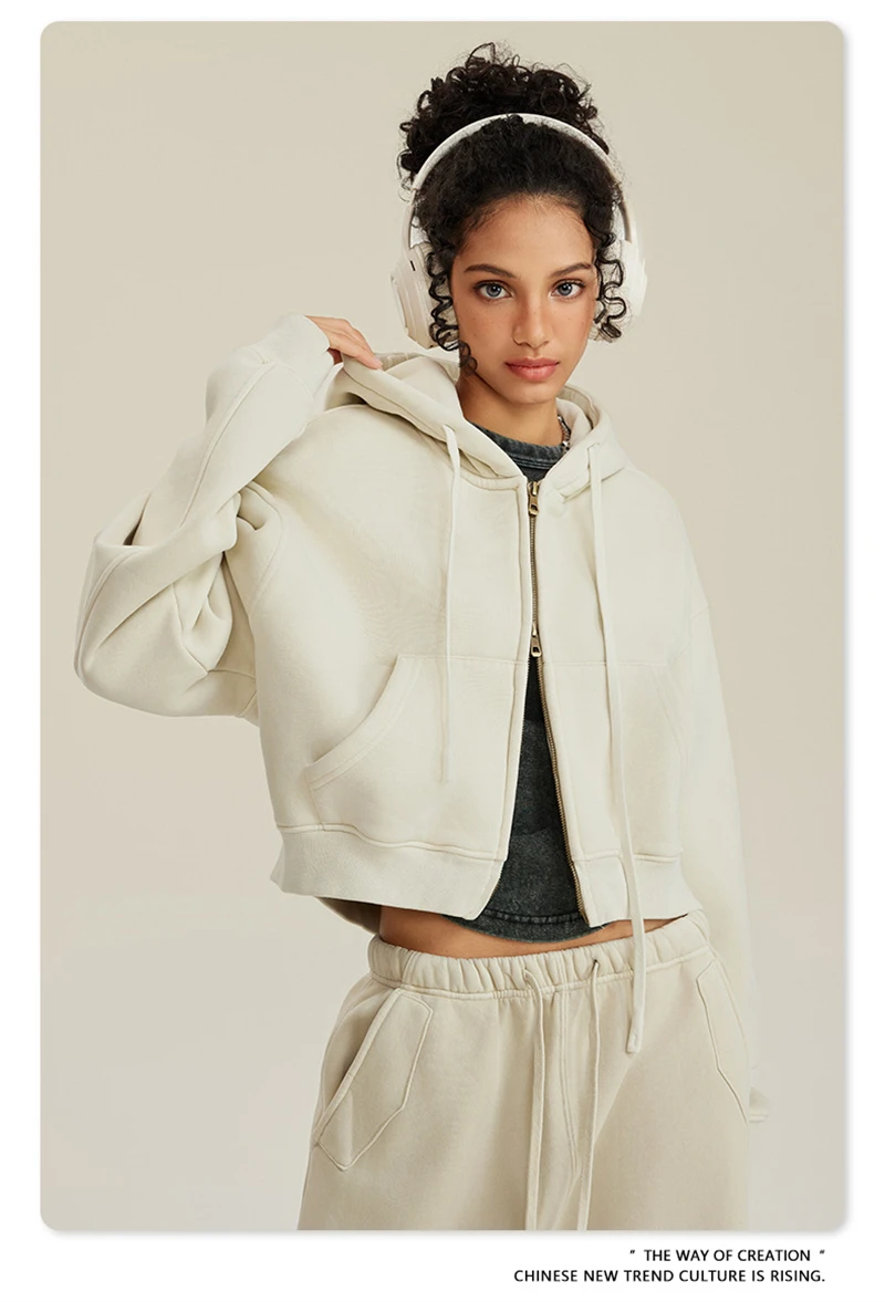 ZODF Retro 2025 Winter Women Short Zipper Hoodies Female Girls Loose 355gsm Thick Fleece Hooded Zip-up Coat Streetwears HY0448