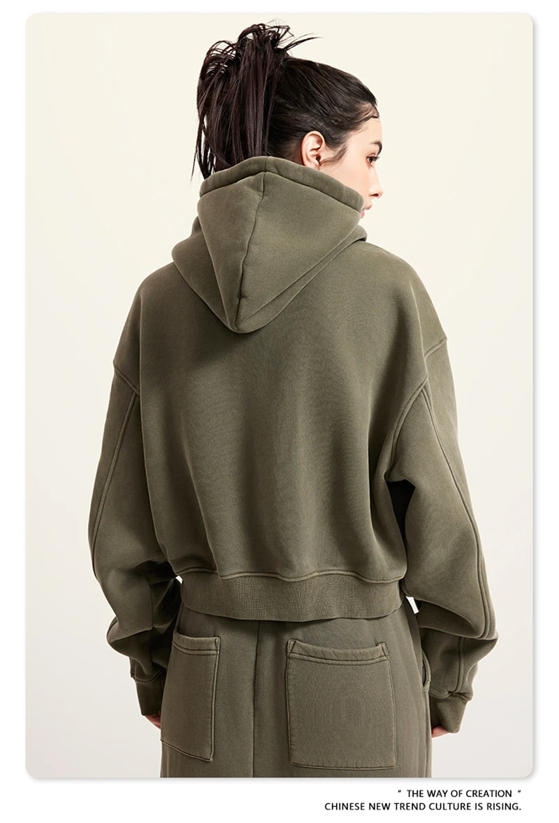 ZODF Retro 2025 Winter Women Short Zipper Hoodies Female Girls Loose 355gsm Thick Fleece Hooded Zip-up Coat Streetwears HY0448