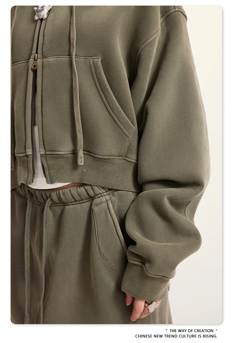 ZODF Retro 2025 Winter Women Short Zipper Hoodies Female Girls Loose 355gsm Thick Fleece Hooded Zip-up Coat Streetwears HY0448