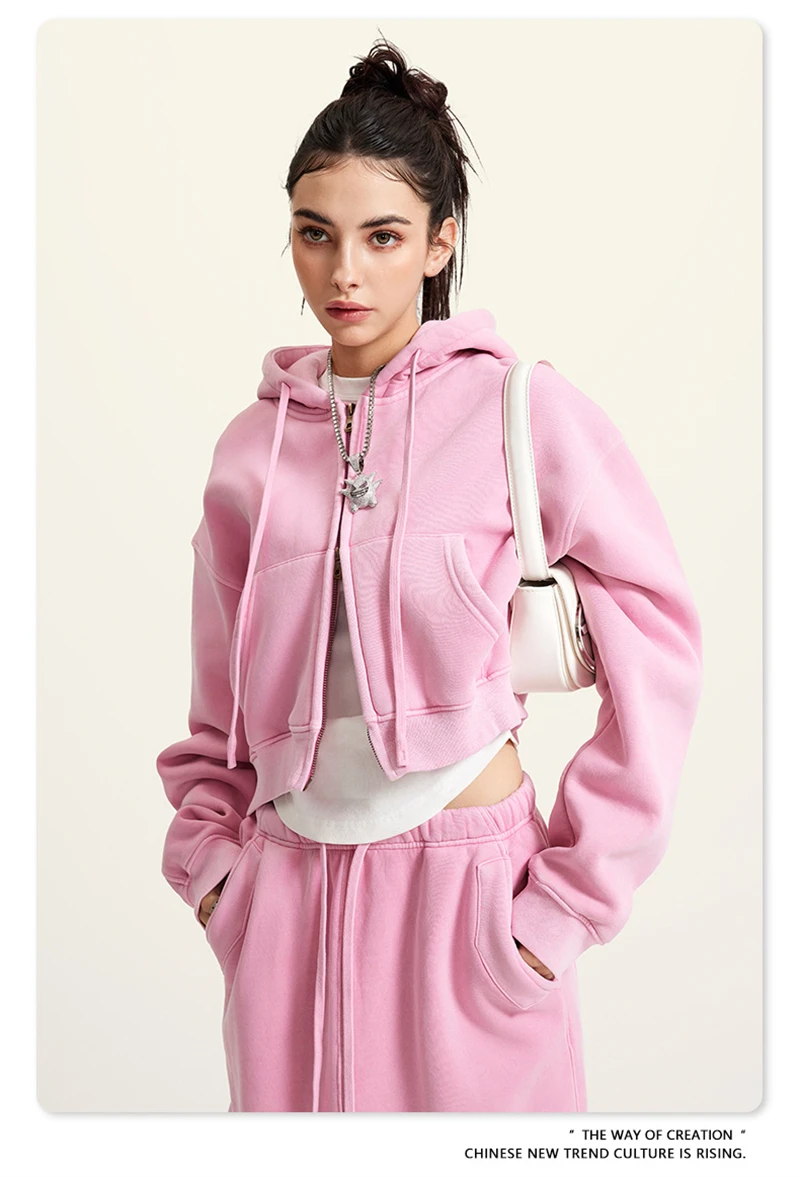 ZODF Retro 2025 Winter Women Short Zipper Hoodies Female Girls Loose 355gsm Thick Fleece Hooded Zip-up Coat Streetwears HY0448