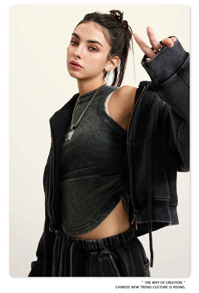 ZODF Retro 2025 Winter Women Short Zipper Hoodies Female Girls Loose 355gsm Thick Fleece Hooded Zip-up Coat Streetwears HY0448
