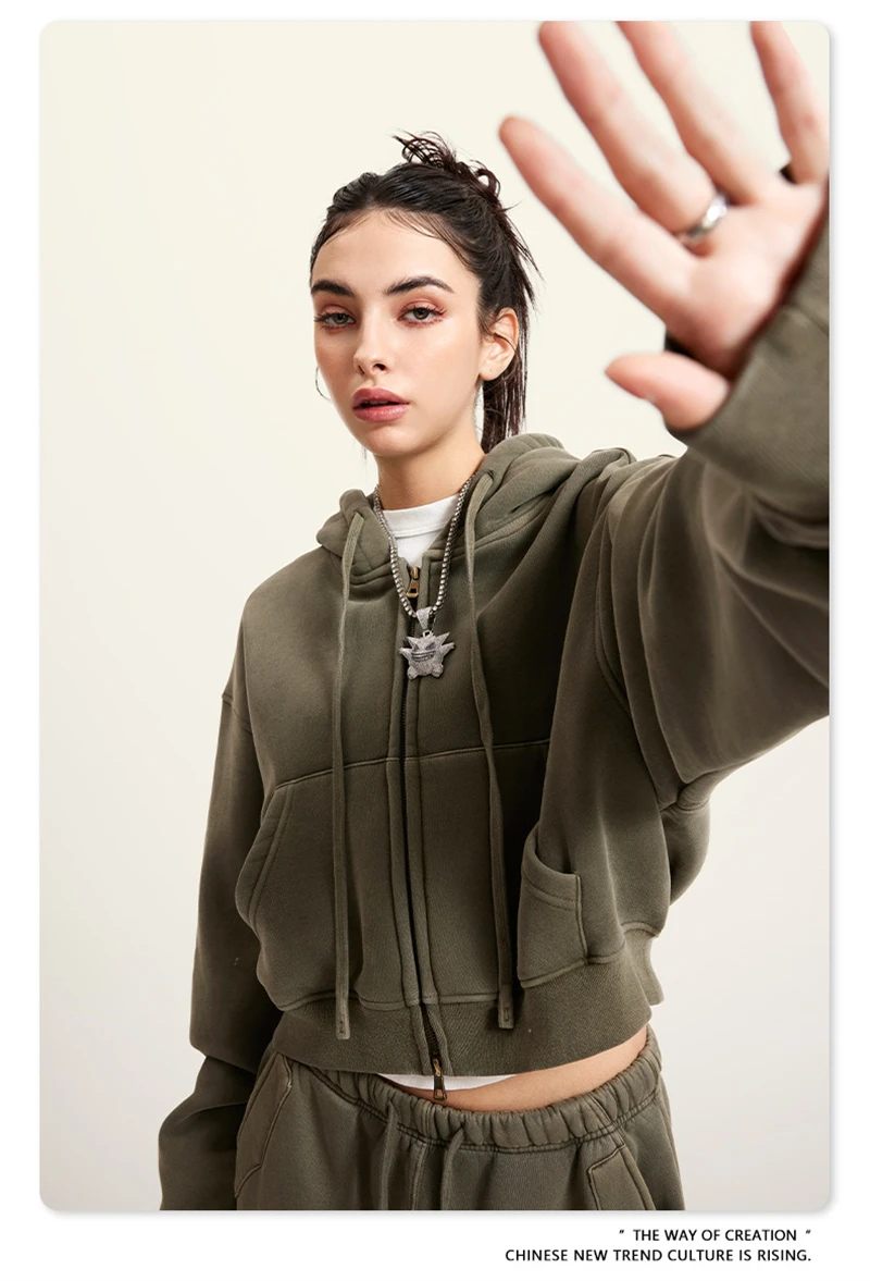 ZODF Retro 2025 Winter Women Short Zipper Hoodies Female Girls Loose 355gsm Thick Fleece Hooded Zip-up Coat Streetwears HY0448